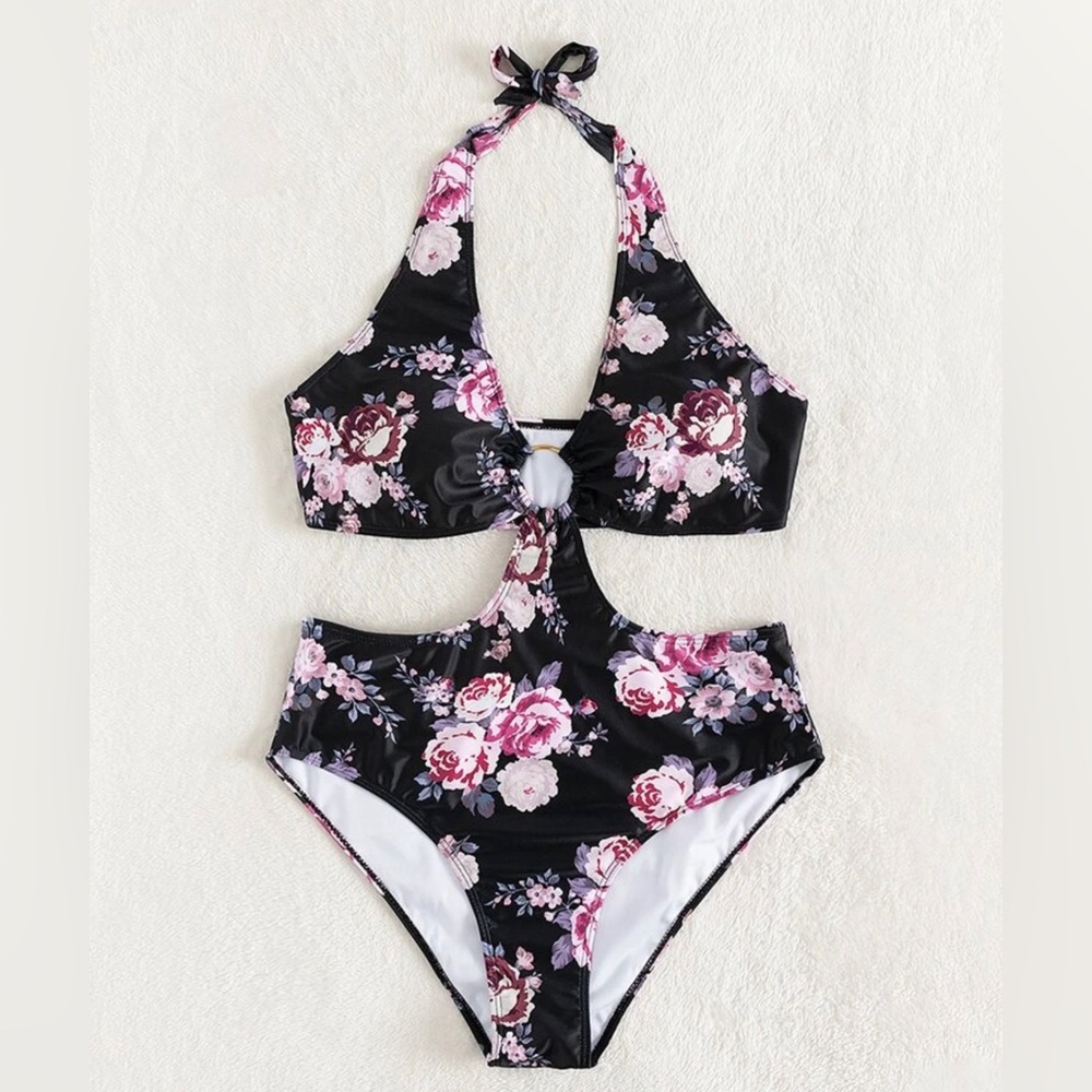 Plus Floral Cut-Out Ring Linked Halter One Piece Swimsuit
